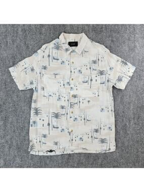 NEUW Shirt Mens Medium White Tropical Short Sleeve Button Up Camp Loop Collar